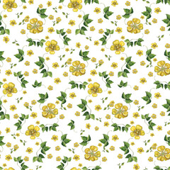 Seamless watercolor pattern with yellow buttercups and greenery