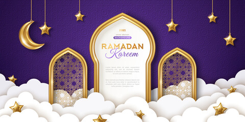 Ramadan Kareem concept banner, gold 3d frame arab window on night sky background, beautiful arabesque pattern. Vector illustration. Hanging golden crescent and stars, paper cut clouds. Place for text © kotoffei
