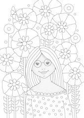 Coloring page for children and adults. A cute girl with long hair stands in a garden with flowers. Butterflies are flying. Vector illustration for coloring.