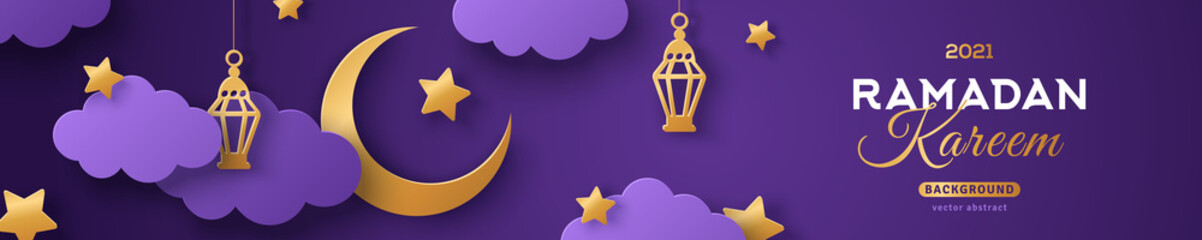 Ramadan Kareem Horizontal Sale Header or Voucher Template with Gold Moon, 3d Paper cut Clouds and Stars on Night Sky Violet Background. Vector illustration. Traditional Lanterns and Place for Text.