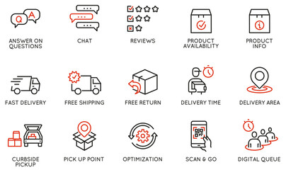Vector Set of Linear Icons Related to Shipping and Express Delivery Process, Convenience of Purchasing Products and Digital Transformation. Mono line pictograms and infographics design elements