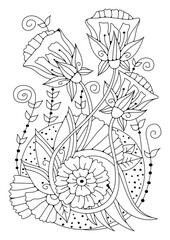 Coloring page. Illustration for coloring with flowers. Art line. Floral ornament. Art therapy. Black and white vector background.
