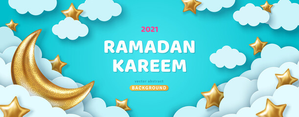 Ramadan Kareem Concept Banner or Voucher Template with 3d Gold Moon, Paper cut White Clouds and Stars on Blue Sky Background. Vector illustration for greeting card, poster and flyer. Place for Text