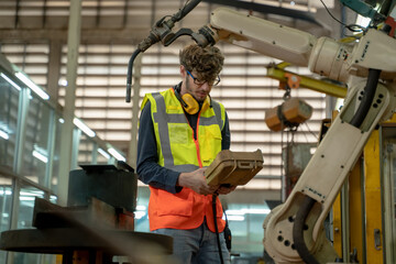 Engineer working and control robotic arm in manufacturing workshop,Industry and engineering technology concept.