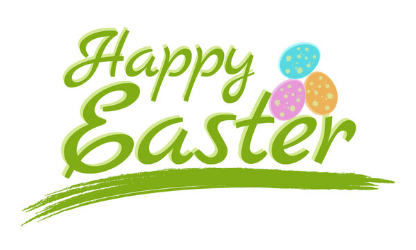 Green Happy Easter text with pastel brush stroke. Colorful dotted easter eggs. For web banners, greeting cards, flyers and social media posts.
