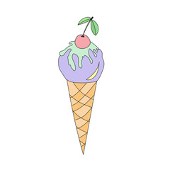 Ice cream cone with cherry. Vector illustration in doodle style with mint paint splash for textile, prints, stickers, posters, postcards, menu design, cafe interior.