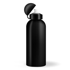 Water Bottle white, Silver and Black Empty Glossy Metal Reusable Water Bottle. Illustration of container water for sport bike and fitness. Vector realistic 3d.