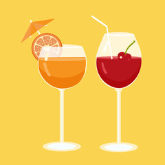 Two glasses of cherry and orange cocktail on a yellow background