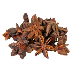 Closeup of whole dry brown star anise fruit isolated on white background