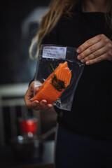 food ready to eat, salmon in a vacuumed sealed bag