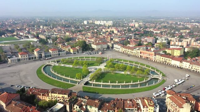 Padua, Veneto, Italy. Prato della Valle, the Abbey of Santa Giusta and the Basilica of Sant'Antonio.
Aerial shot with drone of the historic center of Padua
