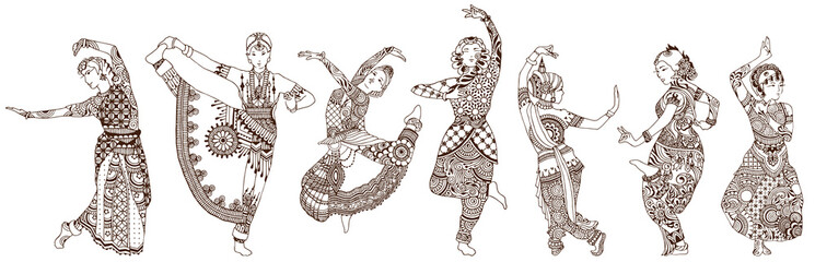 Dancers on a white background. Set of ornate oriental girls drawn in mehndi style.