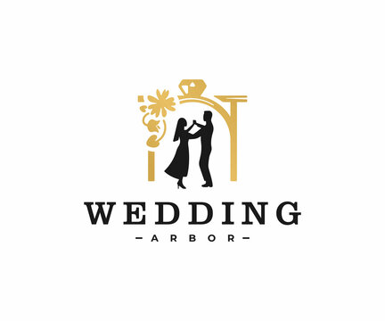 Wedding arbor decorations logo design. Romantic bride and groom dance vector design. Bridal ceremony logotype