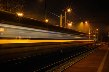 Train lights in motion.