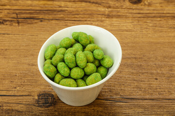 Spicy wasabi peanuts in the bowl