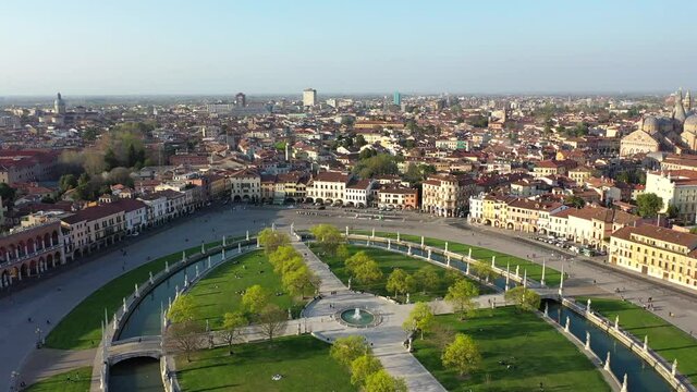 Padua, Veneto, Italy. Prato della Valle, the Abbey of Santa Giusta and the Basilica of Sant'Antonio.
Aerial shot with drone of the historic center of Padua