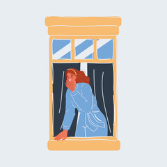 Vector illustration of Woman looking out her window on white backround.