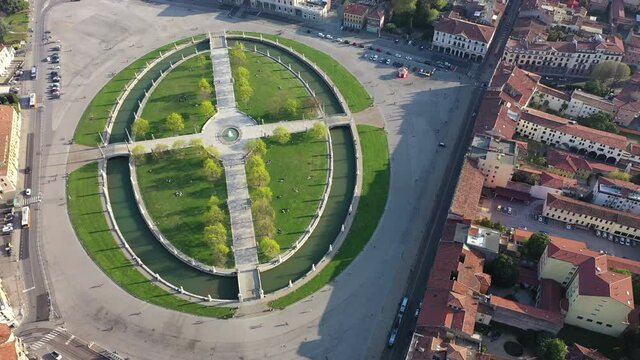 Padua, Veneto, Italy. Prato della Valle, the Abbey of Santa Giusta and the Basilica of Sant'Antonio.
Aerial shot with drone of the historic center of Padua