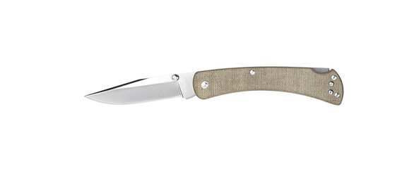 Pocket folding knife isolate on white back. Compact metal sharp knife with a folding blade.