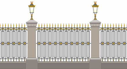 Classic iron fence with stone pillars and vintage street lamps. Wrought iron fence. Street lights design. Gold decor. Luxury modern architecture. Palace. City. Street lamps. Park. Isolated.	