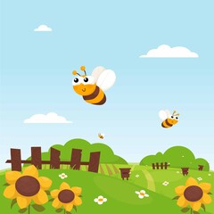Cute illustration for the children. bees fly over the field. flowers grow in the meadow.