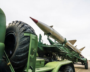 Russian multiple rocket launcher mounted on soviet military truck on sunny blue sky background....