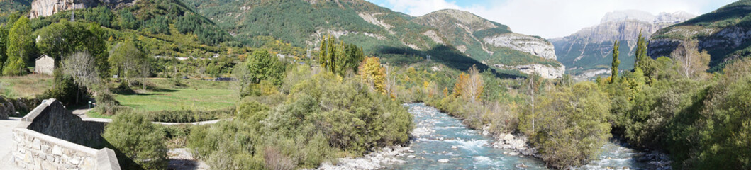 the Ara river as it passes through the town of Torla, in the Aragonese Pyrenees, located in Huesca, Spain.