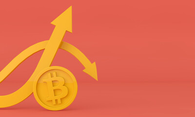 Volatile uncertain Bitcoin cryptocurrency up and down arrow. 3D Rendering