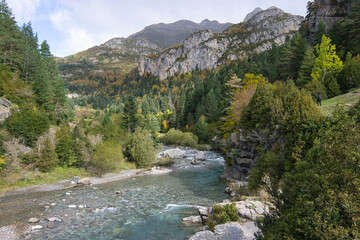 landscape of the Ara river as it passes through the Bujaruelo valley, in the Aragonese Pyrenees,...