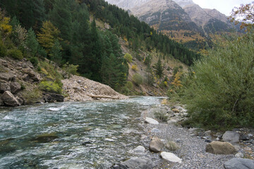 landscape of the Ara river as it passes through the Bujaruelo valley, in the Aragonese Pyrenees, located in Huesca, Spain.
