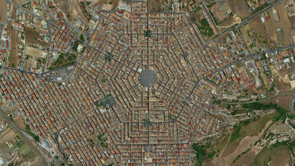 City of Catania, Carlo Maria Carafa square looking down aerial view from above - hexagon city,...