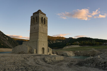 Abandoned and submerged church in the town of Mediano, in the Aragonese Pyrenees, located in Huesca, Spain.