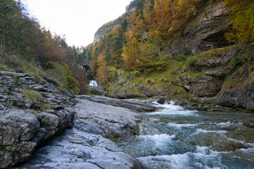 Gradas de Soaso waterfall in Ordesa y Monte Perdido National Park, in the Aragonese Pyrenees, located in Huesca, Spain.