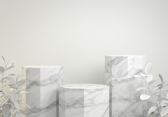 Modern Mockup White Step Marble Hexagon Podium With Tropical Plant Abstract Background 3d Render