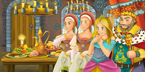 Cartoon fairy tale scene with princess fairy flying by the table