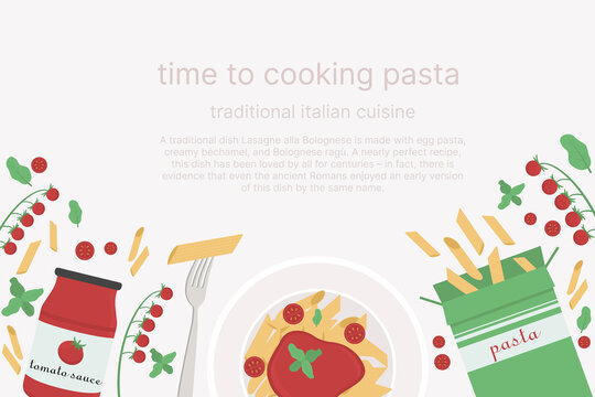 Background for a pasta recipe with a picture of a plate and a fork with pasta. Cooking pasta using cherry tomatoes, tomato sauce.