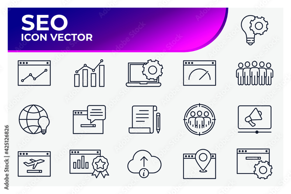 Aufkleber set of seo icon. search engine optimization pack symbol template for graphic and web design collecti