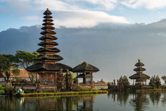 Ulun Danu Beratan temple at sunrise in Bali, Indonesia.