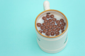 Chocolate cereal with milk. top view.