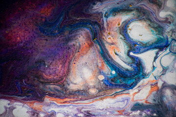 Fototapeta na wymiar Texture in the style of fluid art. Abstract background with swirling paint effect. Liquid acrylic paint background. lilac, blue, white and red colors.