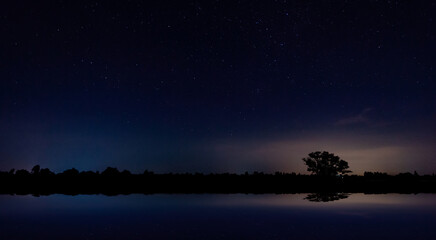 Panorama blue night sky on dark background.Universe filled with stars, nebula and galaxy with noise and grain.Photo by long exposure and select white balance.selection focus.amazing.