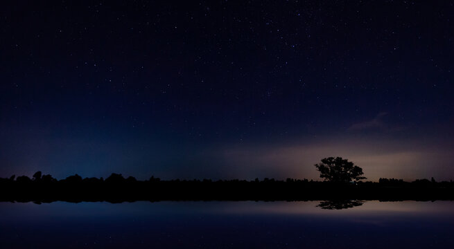 Panorama blue night sky on dark background.Universe filled with stars, nebula and galaxy with noise and grain.Photo by long exposure and select white balance.selection focus.amazing.