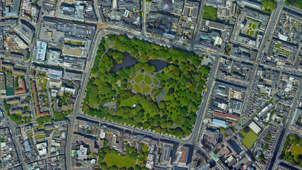 City of Dublin, St Stephen's Green Park looking down aerial view from above square, bird’s eye...