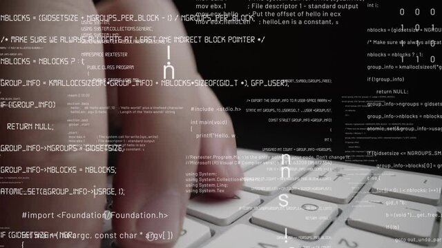 Creative visual of computer programming coding and software development shown by man working on computer keyboard with overlay of computer graphic displaying abstract program codes and computer script