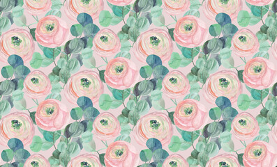 watercolor delicate seamless pattern with delicate roses and eucalyptus on light pink on a light green background