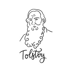 Lev Nikolayevich Tolstoy linear sketch portrait isolated on white background for prints, greeting cards and design elements. Vector hand drawn illustration with lettering text.
