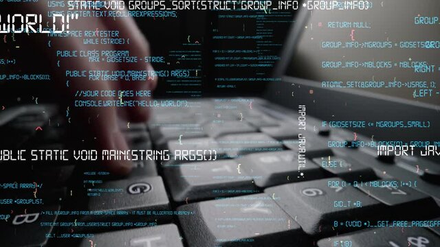Creative visual of computer programming coding and software development shown by man working on computer keyboard with overlay of computer graphic displaying abstract program codes and computer script