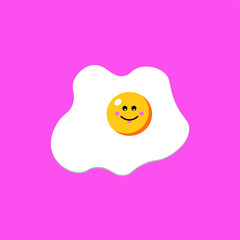 Happy cute smiling funny fried egg on pink background. Good morning. Egg breakfast. Scrambled egg. Fried egg character concept in cartoon style. Vector illustration