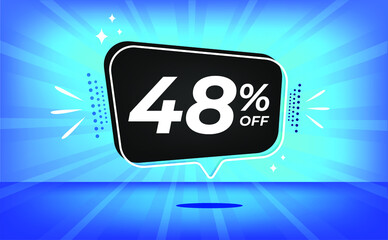 48% off. Blue banner with forty-eight percent discount on a black balloon for mega big sales.