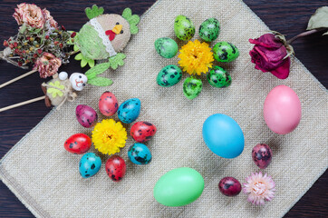 Easter chicken and quail eggs, top view . The concept of Easter